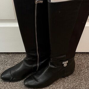 Michael Kors Black Knee-High Leather Riding Boots with Silver Hardware